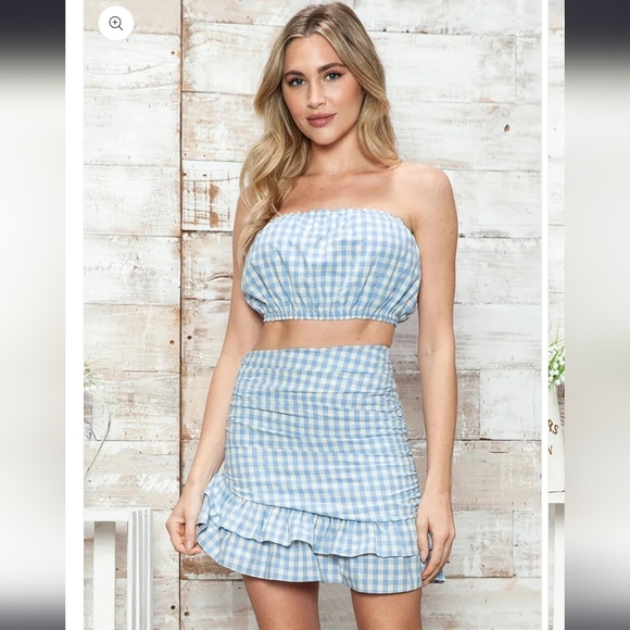 Gingham Strapless Ruched Two-Piece Set Top and Skirt - Picture 1 of 4